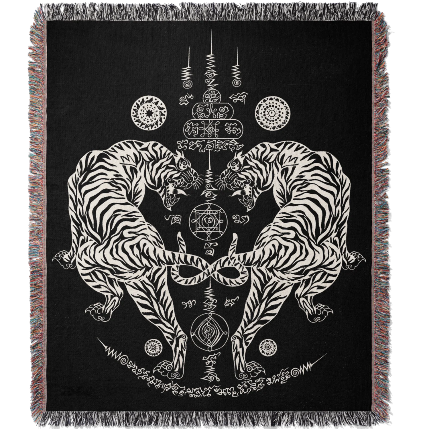 Twin Tigers Sak Yant Woven Blanket Tapestry