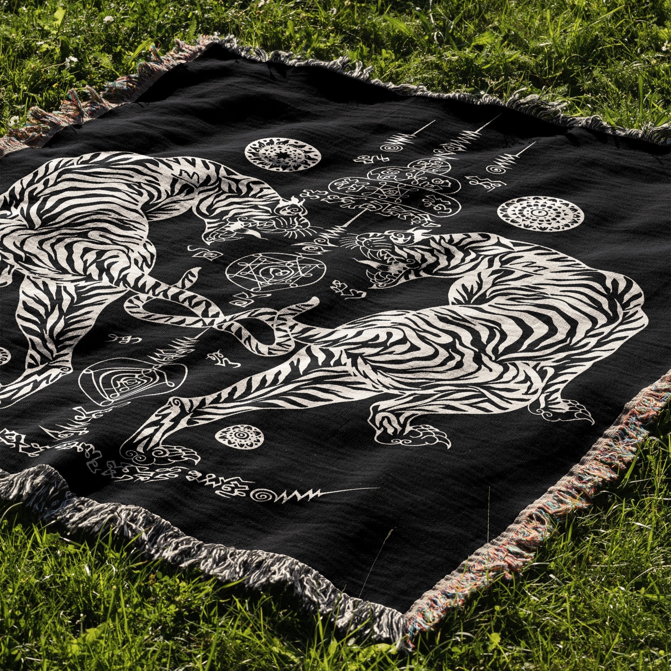 Twin Tigers Sak Yant Woven Blanket Tapestry - Image 2